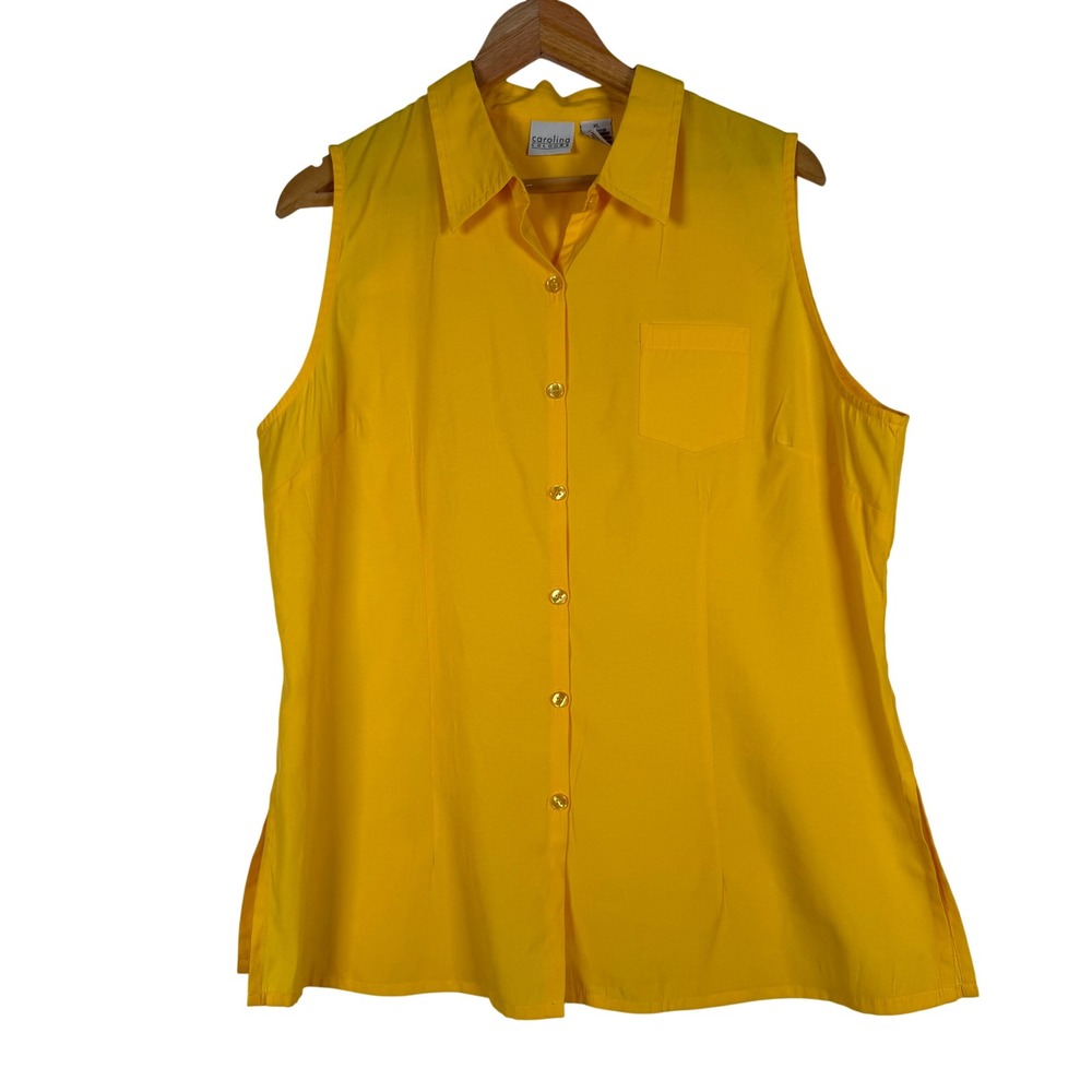 Carolina Colours Button Down Shirt Womens XL Yellow Sleeveless Collared Pocket